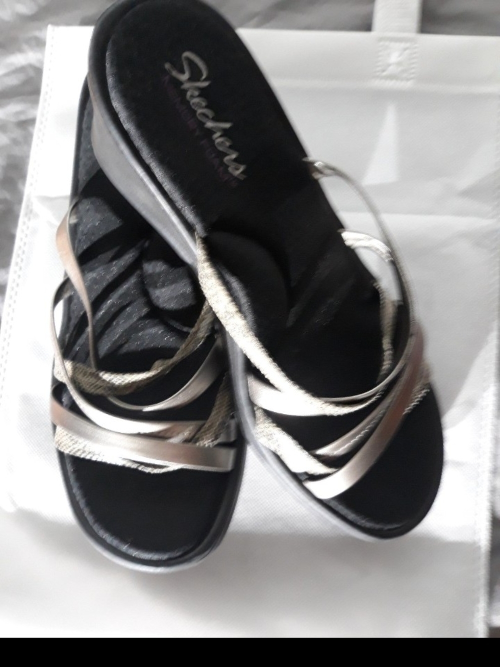 Skechers Women’s Black Sandals with Silver and Gold Straps